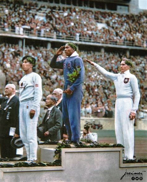Us Athlete Jesse Owens Salutes During The Presentation Of His Gold