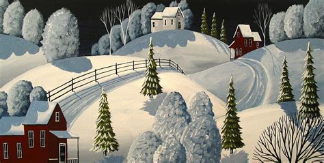 Country Winter Night Folk Art Landscape Painting By Debbie Criswell