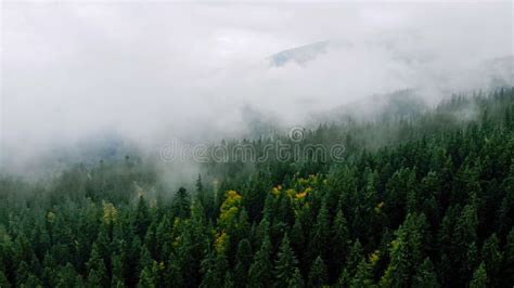 Aerial Shot After Rainy Weather In Mountains Misty Fog Blowing Over