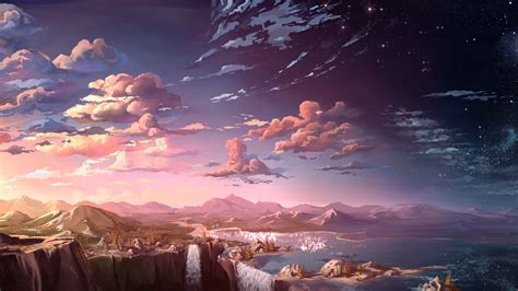 Anime 5120x2880 Anime Landscape Waterfall Clouds Natural Light