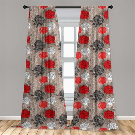 Red And Black Curtains 2 Panels Set Blossoming Peonies Vintage