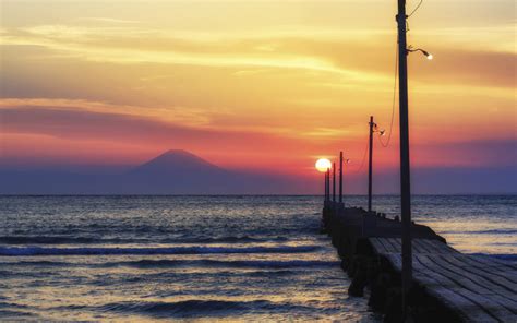 Haraoka Coast Chiba Japan Sunset Orange Red Sky Mountain Fuji Wooden