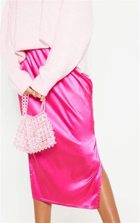 Hot Pink Satin Side Split Midi Skirt Skirts Prettylittlething