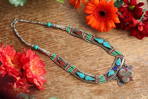 vintage nepali necklace statement necklace coral turquoise nepalese buddhist tibetan