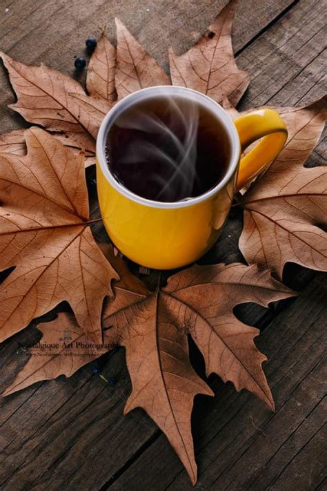 October Morning Coffee Saffron Mugs And Bronze Leaves Good Morning