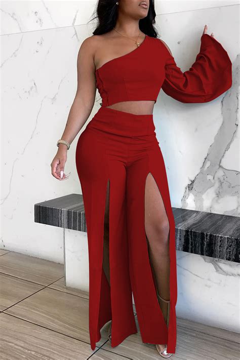 Red Fashion Sexy Backless Slit Oblique Collar Long Sleeve Two Pieces Two Piece Pants Set