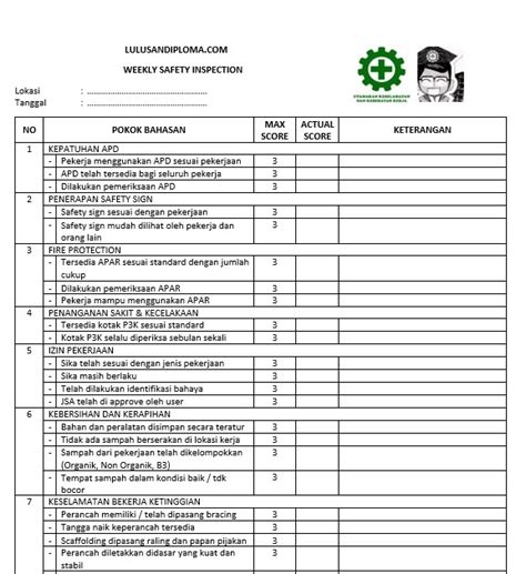 Contoh Form Checklist Inspeksi Apd Lulusandiploma Com Imagesee