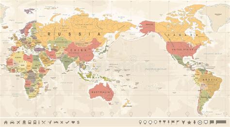O Mapa Do Mundo Político O Pacífico Do Vintage Centrou Se Ilustração