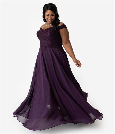Plus Size Eggplant Purple Lace Off The Shoulder Chiffon Long Gown Purple Dresses Formal Plus