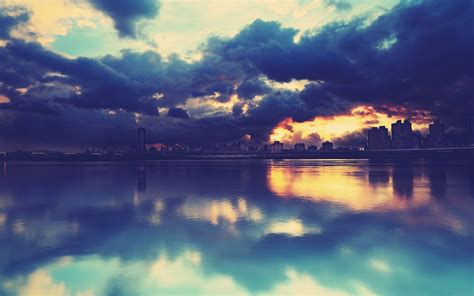 Cityscape Reflection Water Clouds Overcast Sunset Wallpapers Hd