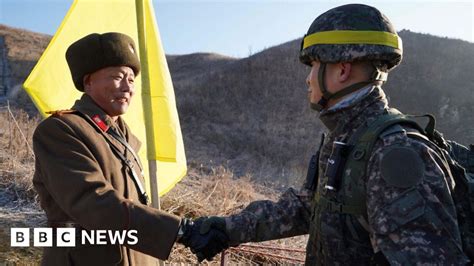 North And South Korea Soldiers Cross Dmz In Peace Bbc News