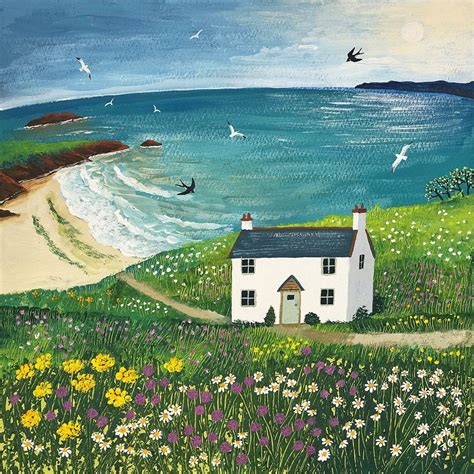 Print Of English Seaside With White Cottage Seagulls And Swallows From An Original Acrylic