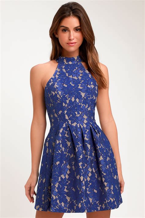 Royal Blue Dress Lace Dress Halter Dress Skater Dress Lulus