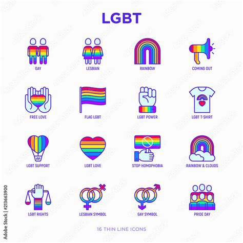 lgbt thin line icons set gay lesbian rainbow coming out free love flag support stop