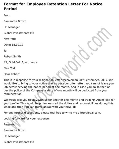 Format For Employee Retention Letter For Notice Period Hr Letter Formats