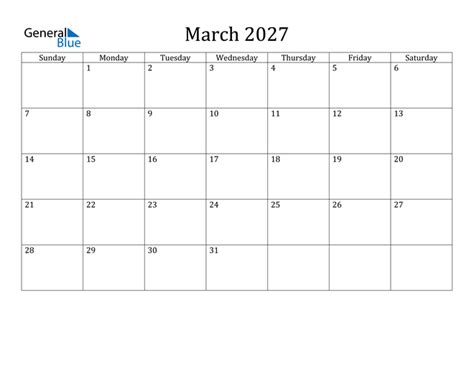 March 2027 Calendar Pdf Word Excel