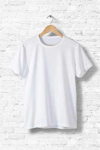 blank white tshirt mockup hanging  white wall front side view ready  replace  design