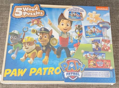 New Paw Patrol Chase And Marshall 5 Pack Wood Puzzles In Wooden Storage
