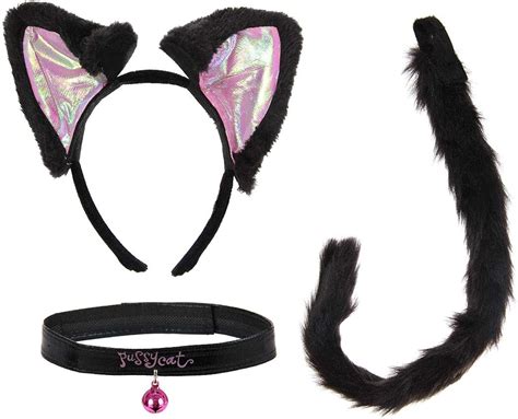 Pink And Black Kitty Cat Costume Ears Headband Tail And