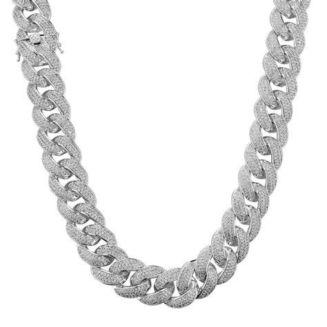18k White Gold Plated 3 Row Out Iced Lab Diamond Cuban Chain 18mm Miami