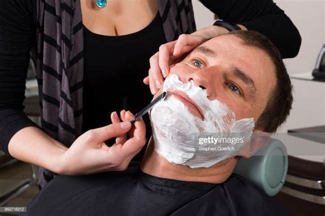 Stock Photo Man Having Wet Shave Hair Salon Germany Wet Shaving