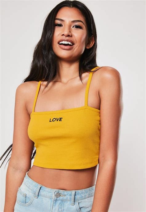Mustard Ribbed Love Cami Crop Top Missguided Crop Tops Cami Crop Top Embroidered Crop Tops