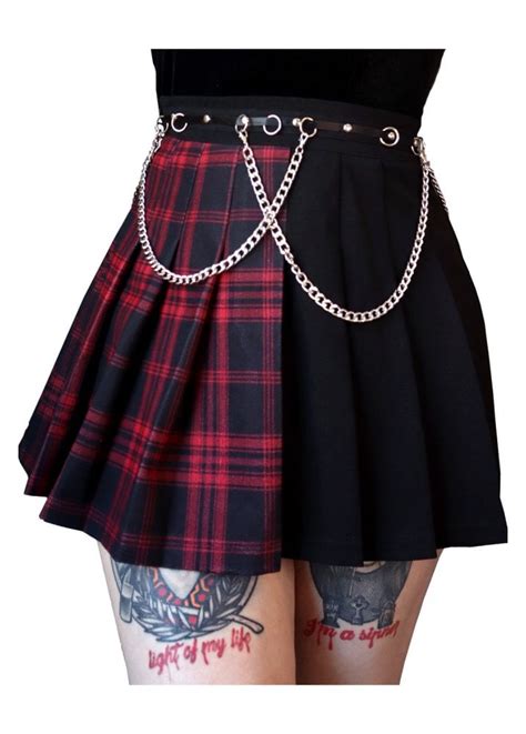 Forest Ink Tartan Pleated Chain Mini Skirt Attitude Clothing
