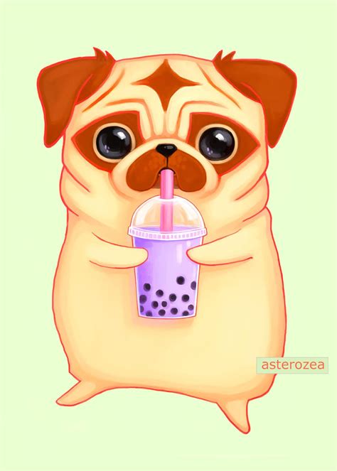 Pug Drinking Bubble Tea Art 5x7 Cute Pug Dog Kawaii Boba Etsy