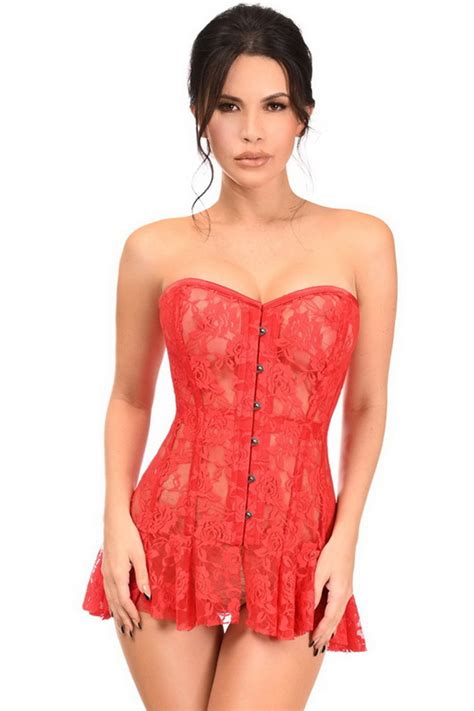 plus size lavish red sheer lace corset dress spicy lingerie