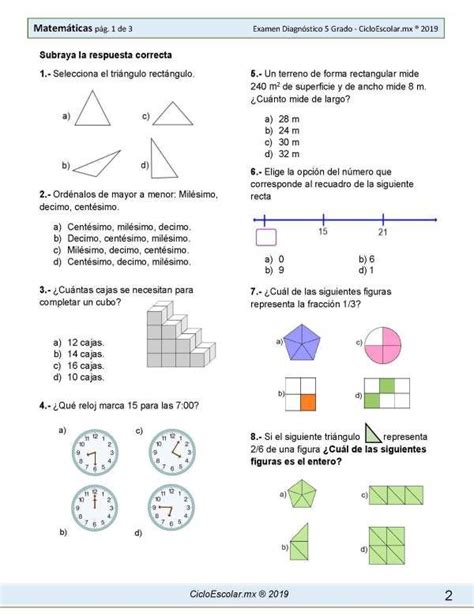 Examen Diagnóstico QUINTO grado 2019 2020 Imagenes Educativas