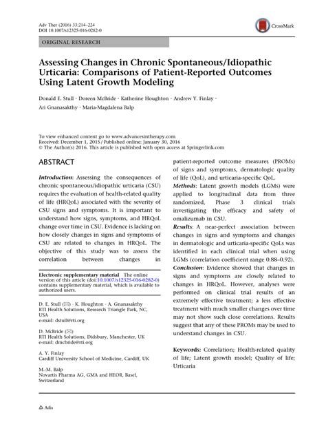 Pdf Assessing Changes In Chronic Spontaneousidiopathic Urticaria