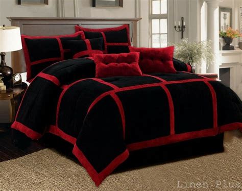 Luxury microfiber fabric with a striped pattern will give your bedroom a modern look with a touch of art deco flair. 7 Piece Patchwork Red Black Micro Suede Comforter Set All ...
