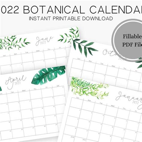 2022 Botanical Calendar Fillable Monthly Calendar Leaf Etsy Canada