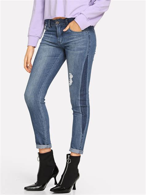Ripped Pocket Front Zip Detail Jeans Romwe