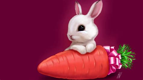 Cute White Rabbit With Carrot Photo In A Raspberry Color Background Hd