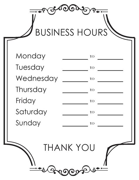 Editable Printable Free Business Hours Template Pdf
