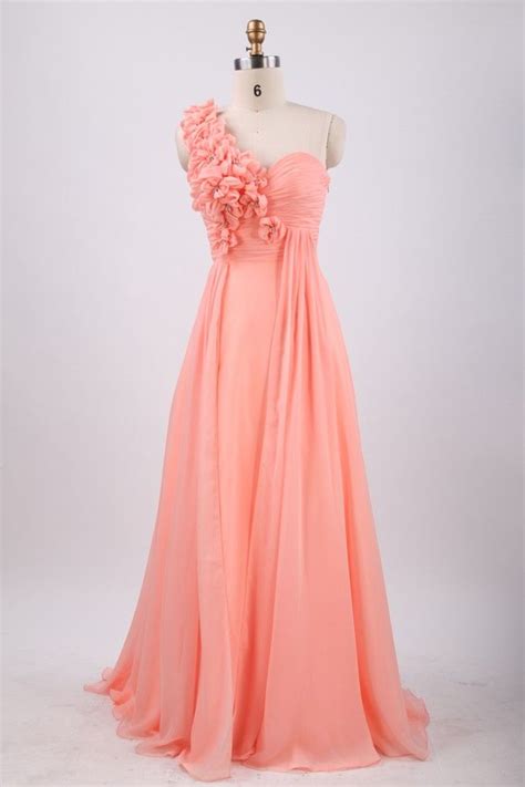 Peach A Line One Shoulder Chiffon Prom Dress With Flowers Jsld0152