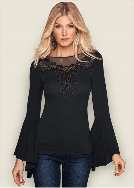 embroidered bell sleeve top in black crochet long sleeve tops venus fashion