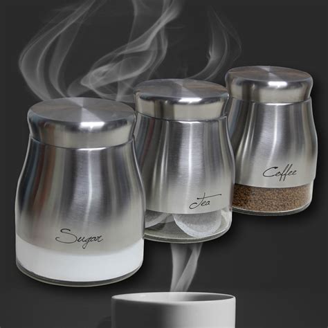 Set Of 3 Tea Coffee Sugar Kitchen Storage Canisters Jars Food