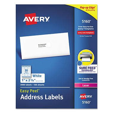 Guaranteed to stick and stay: Avery 5160 Easy Peel Address Labels, Laser, 1 x 2 5/8, White, 3,000 Labels - Sam's Club