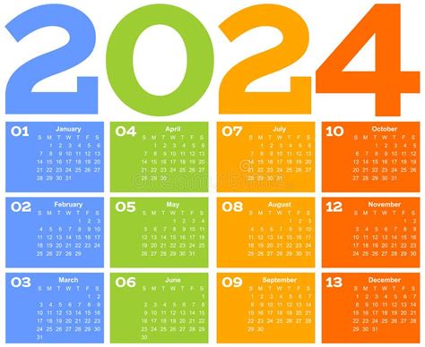 Anno 2024 Calendario Della Griglia Di Una Pagina Mese Multicolore Su
