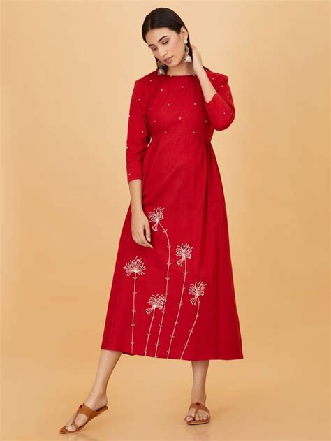 Buy Red Embroidered Khadi Kurta Online At Theloom