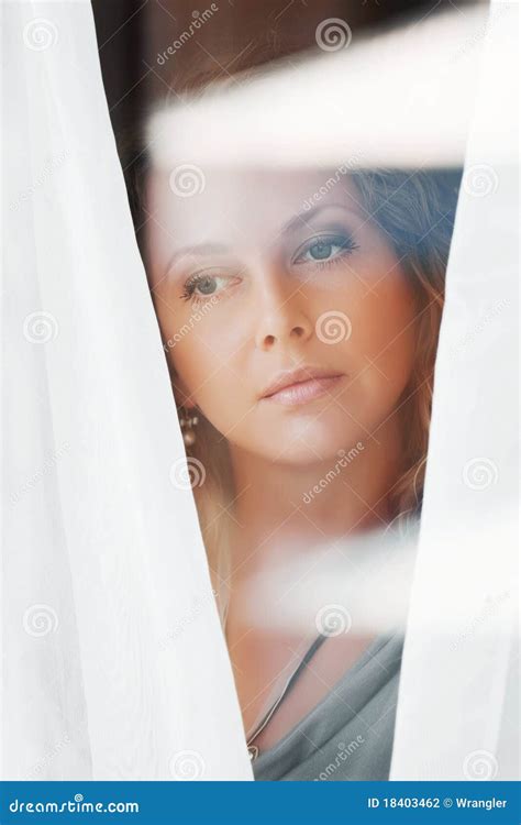 Sad Woman Looking Through The Window Stock Photo Image Of Depression