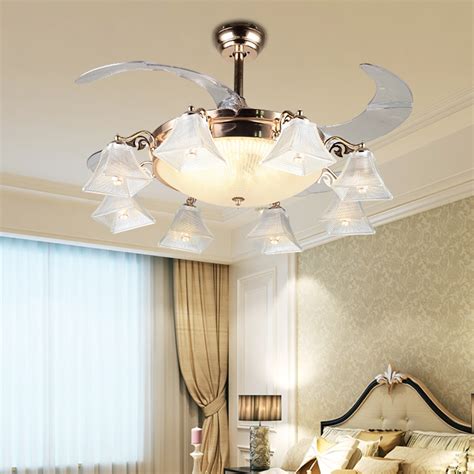 Living room ceiling fans with lights. High quality luxury LED E14*8 Invisible Retractable ...