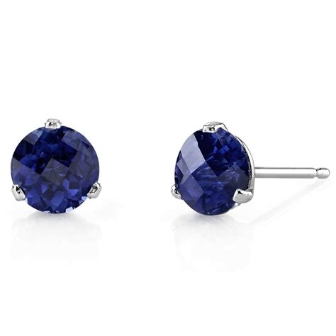 2 26 Ct Round Created Blue Sapphire Stud Earrings In 14K White Gold