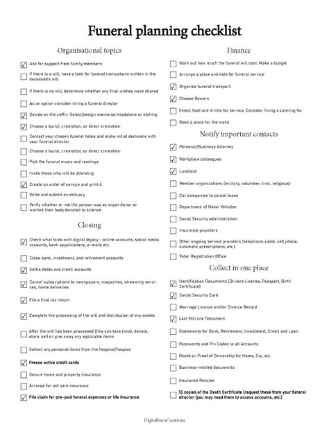funeral planning checklist printable funeral checklist etsy
