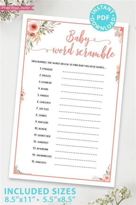 Printable Baby Word Scramble Baby Shower Game Press Print Party