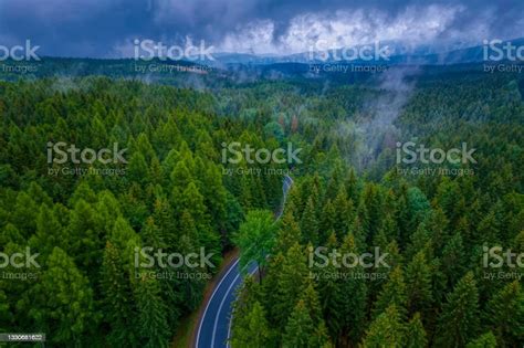 Aerial View Of The Mountain Road In A Green Forest Stock Photo