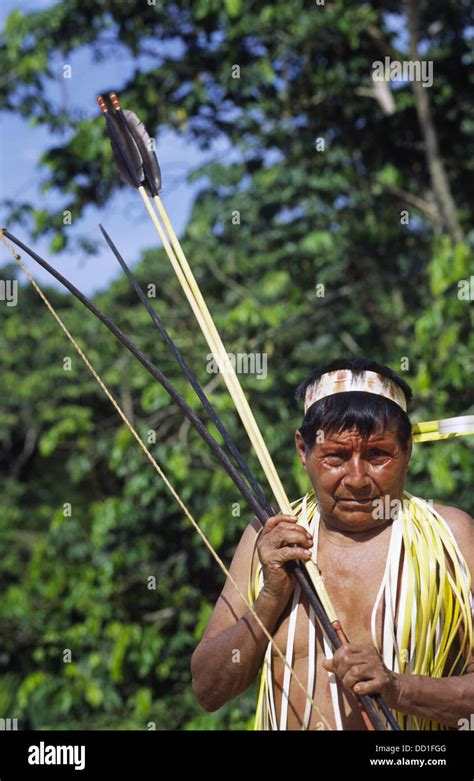 Matses Indian Of The Jaguar Clan With Traditional Long Bow Chobayacu