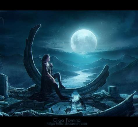 A Woman Sitting On The Edge Of A Lake In Front Of A Moon Filled Sky